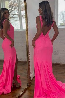 Sparkly Hot Pink Beaded Mermaid Long Formal Dress with Slit