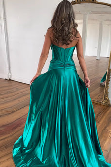 Dark Green Corset A-Line Satin Long Formal Dress with Slit