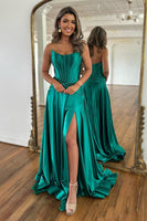 Load image into Gallery viewer, Dark Green Corset A-Line Satin Long Formal Dress with Slit