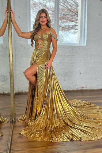 Sparkly Golden Cut Out Beaded A-Line Metallic Pleated Long Formal Dress with Slit