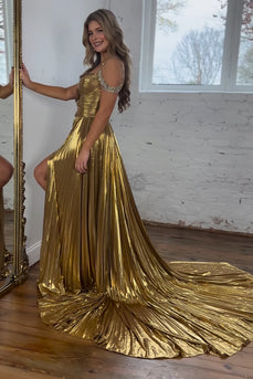 Sparkly Golden Cut Out Beaded A-Line Metallic Pleated Long Formal Dress with Slit