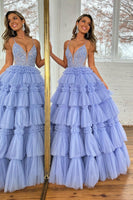 Load image into Gallery viewer, Sparkly Lilac Corset Beaded Long Tiered Formal Dress with Slit