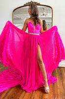 Load image into Gallery viewer, Sparkly Hot Pink Chiffon Pleated Long Formal Dress with Slit