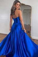 Load image into Gallery viewer, Royal Blue A-Line Corset Satin Long Formal Dress with Slit