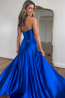 Royal Blue A-Line Corset Satin Long Formal Dress with Slit