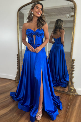 Royal Blue A-Line Corset Satin Long Formal Dress with Slit