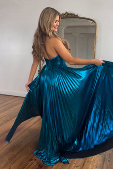 Glitter Turquoise Halter Cut Out Backless Metallic Long Formal Dress with Slit