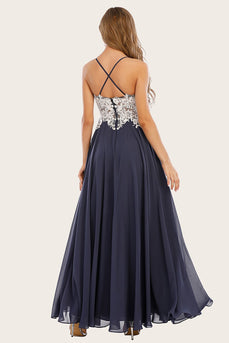 Dusty Blue Long Chiffon Formal Dress with Lace