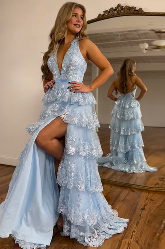 Sparkly Light Blue Halter Backless Lace Tiered Long Formal Dress with Slit