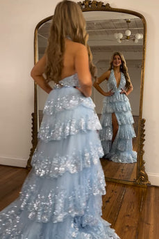 Sparkly Light Blue Halter Backless Lace Tiered Long Formal Dress with Slit