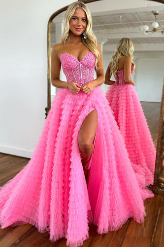 Pink Corset A-Line Sweetheart Tiered Long Formal Dress with Lace