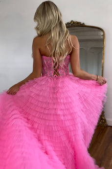 Pink Corset A-Line Sweetheart Tiered Long Formal Dress with Lace