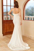 Load image into Gallery viewer, Mermaid Spaghetti Straps White Wedding Dress with Button