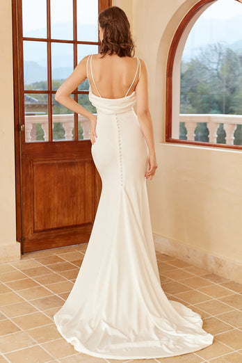Mermaid Spaghetti Straps White Wedding Dress with Button