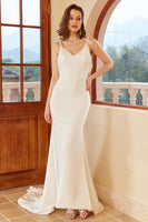 Load image into Gallery viewer, Mermaid Spaghetti Straps White Wedding Dress with Button