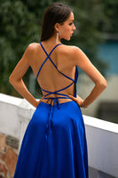 Load image into Gallery viewer, Royal Blue Backless Satin Long Formal Dress with Slit