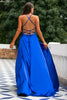 Load image into Gallery viewer, Royal Blue Backless Satin Long Formal Dress with Slit