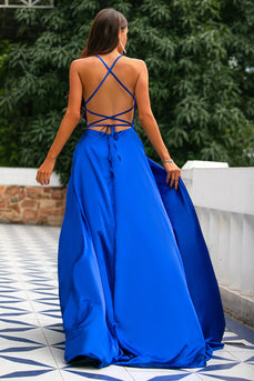 Royal Blue Backless Satin Long Formal Dress with Slit