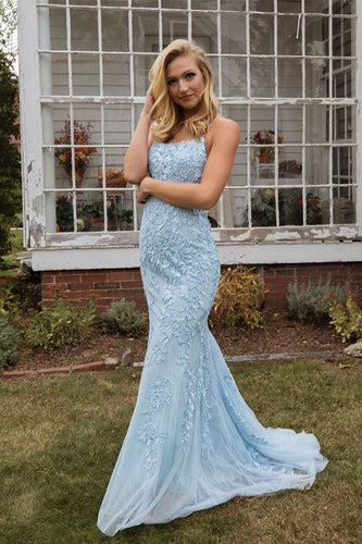 Blue Spaghetti Straps Backless Formal Dress