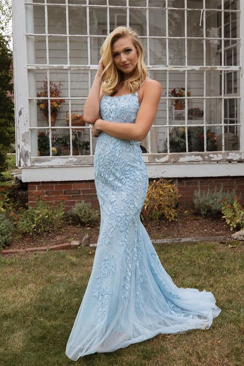 Load image into Gallery viewer, Blue Spaghetti Straps Backless Formal Dress