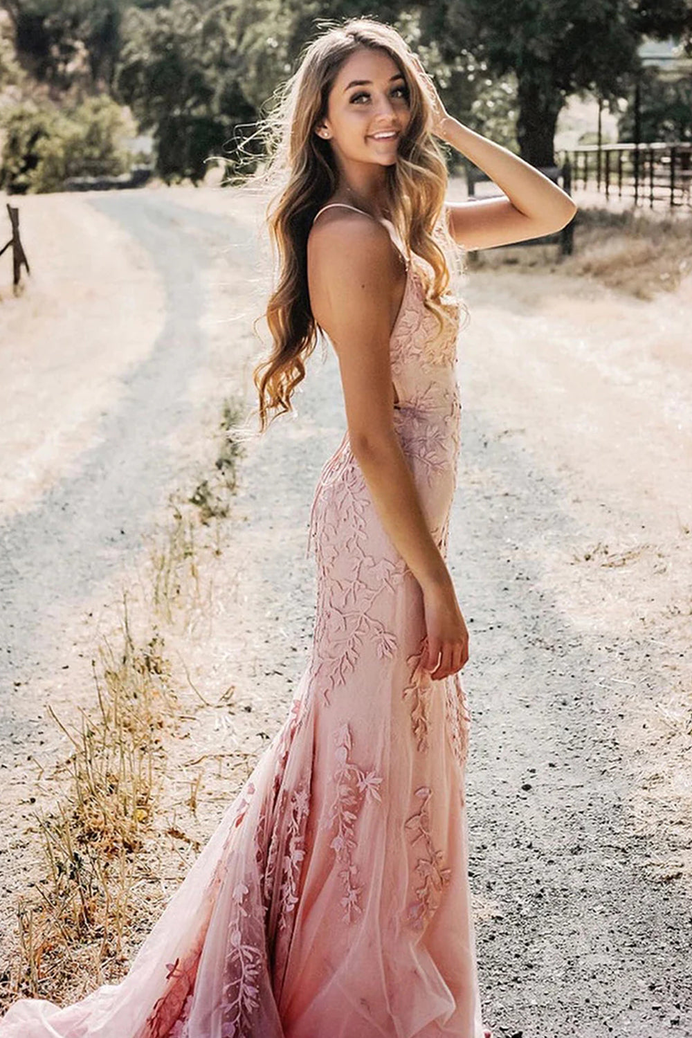 Pink Mermaid Long Formal Dress with Appliques
