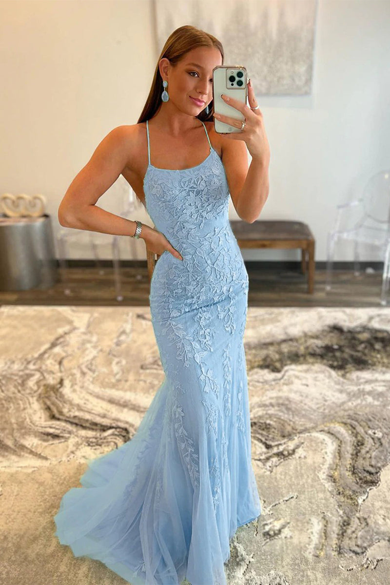 Load image into Gallery viewer, Blue Spaghetti Straps Mermaid Formal Dress With Appliques