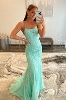 Load image into Gallery viewer, Blue Spaghetti Straps Mermaid Formal Dress With Appliques