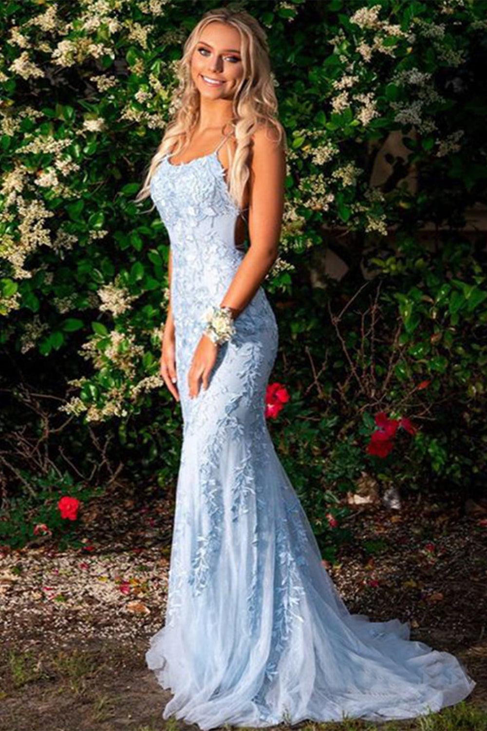Mermaid Blue Long Formal Dress Backless Evening Dress