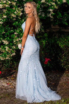 Mermaid Blue Long Formal Dress Backless Evening Dress