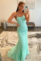 Load image into Gallery viewer, Blue Mermaid Tulle Backless Long Formal Dress with Lace