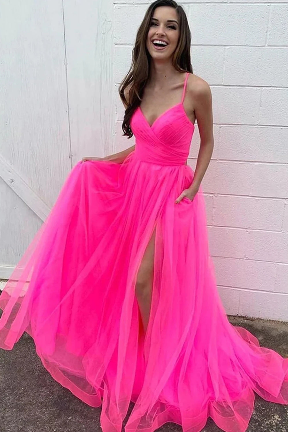Hot Pink A-Line Tulle Long Formal Dress with Pockets