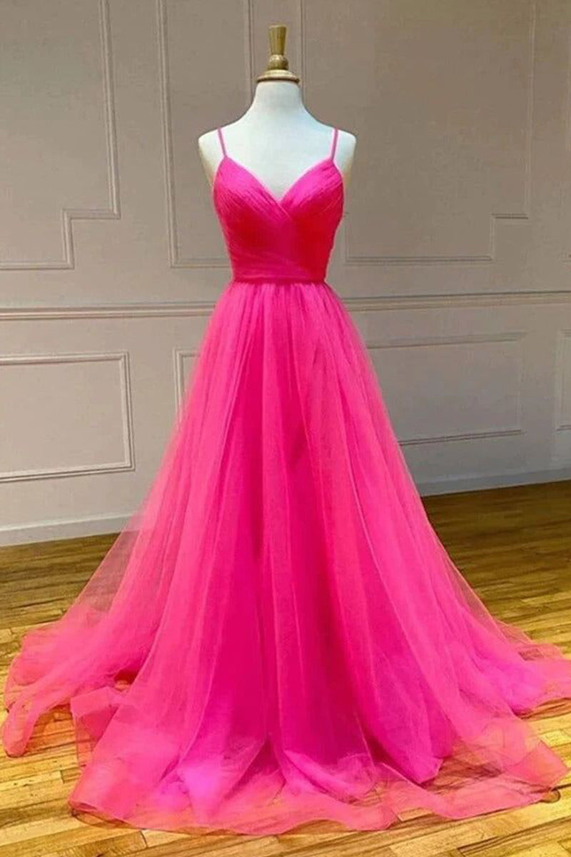 Load image into Gallery viewer, Hot Pink A-Line Tulle Long Formal Dress with Pockets