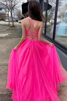 Hot Pink A-Line Tulle Long Formal Dress with Pockets