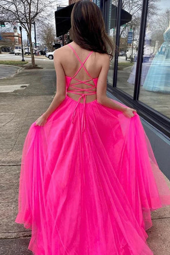 Hot Pink A-Line Tulle Long Formal Dress with Pockets