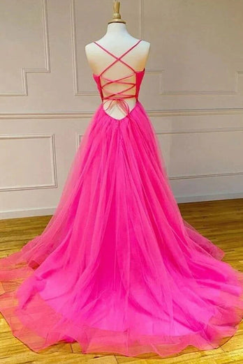 Hot Pink A-Line Tulle Long Formal Dress with Pockets