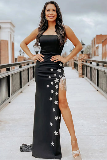 Black Sheath Formal Dress with Stars and Fringes