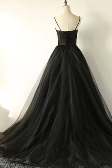 Black Corset A-Line Tulle Long Formal Dress