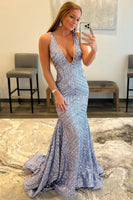 Load image into Gallery viewer, Dark Green Deep V Neck Sequin Mermaid Formal Dress