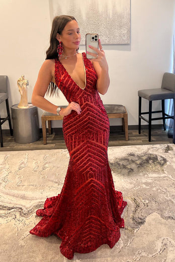 Fuchsia Deep V Neck Sequin Mermaid Formal Dress