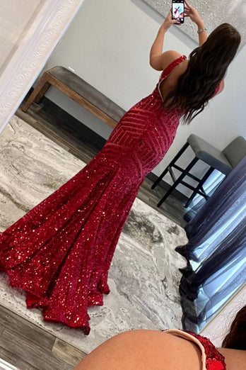 Fuchsia Deep V Neck Sequin Mermaid Formal Dress