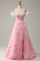 Load image into Gallery viewer, Princess A Line Off the Shoulder Pink Long Formal Dress with Feather