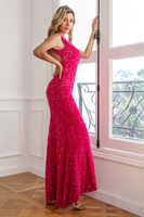 Load image into Gallery viewer, Fuchsia Sequin Long Formal Dress with Slit