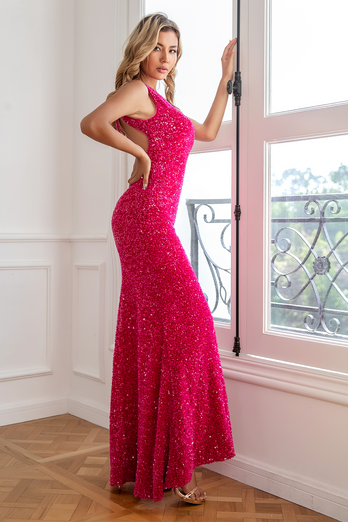 Fuchsia Sequin Long Formal Dress with Slit
