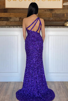 Mermaid One Shoulder Dark Purple Sequins Party Dress
