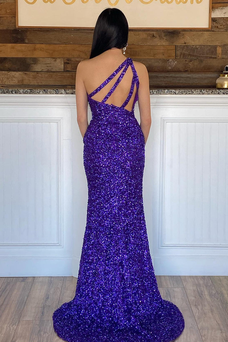 Load image into Gallery viewer, Mermaid One Shoulder Dark Purple Sequins Party Dress