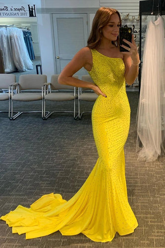 Yellow Beaded Mermaid Formal Dress