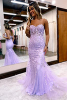 Load image into Gallery viewer, Light Purple Sweetheart Lace-Up Long Mermaid Formal Dress with Appliques