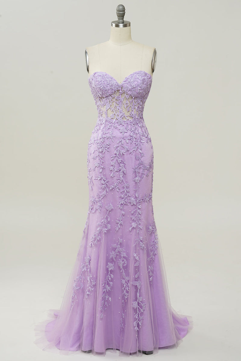 Load image into Gallery viewer, Red Sweetheart Lace-Up Long Mermaid Formal Dress with Appliques