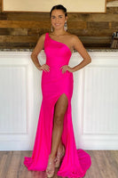 Load image into Gallery viewer, One Shoulder Hot Pink Formal Dress with Slit