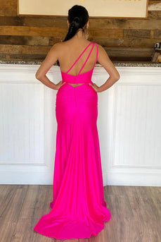 One Shoulder Hot Pink Formal Dress with Slit